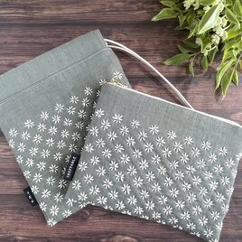 刺し子の小さめポーチと小さめ巾着袋のお得なセット（濃いグレー）