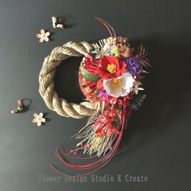 2026年★特大・紅白の椿と扇のお正月飾り　しめ飾り　お正月飾り　しめ縄飾り　椿　ラッピング無料　紅白　元旦　お正月