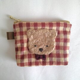 可愛いくまのミニポーチ（赤チェック）