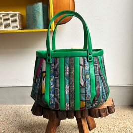 革と古布のパッチワークバッグ（グリーンの革＋着物生地）01016-123