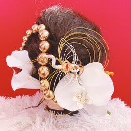 胡蝶蘭☆鶴☆成人式髪飾り☆卒業式髪飾り☆結婚式髪飾り☆白無垢ヘア☆袴ヘア☆プリザーブドフラワー☆かすみ草☆和装☆ヘッドドレス☆