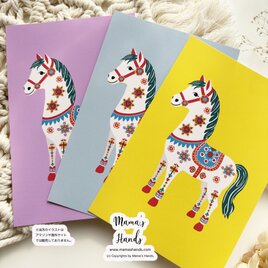 ⭐️4点売れました《幸せを運ぶ馬》☘️2026 午年 ダーラナホース 可愛い 北欧 イラスト ポストカード 3枚 ハガキ