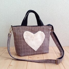 【秋冬SALE30%OFF】ツイード　ハートのボア♡ショルダーバッグ/トートバッグ　グレンチェック　ブラウン　　524