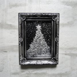 油絵 ミニ絵画【銀色クリスマスツリー】