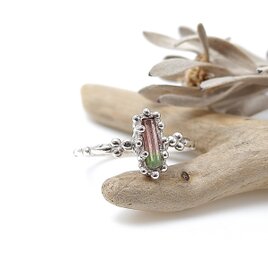 ～結晶を指に飾る～　バイカラートルマリン原石の粒飾りリング　12.5号　天然石アクセサリー　一点物