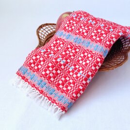 北欧手織り1点物：柔らかなコットンクロス(レッド×ブルー)