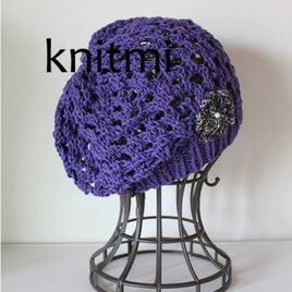 【涼しいニット帽】ロイヤルネイビーブルー綿100％　しめつけなし　コサージュ付