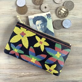 【スターフラワー】畳縁　ぺたんこ　ミニポーチ　カードケース　小銭入れ　黒　マルチカラー　大人可愛い