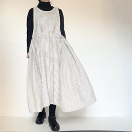 即納可　リネン**ストライプ/ギャザーポケット　前後２way着回し　エプロンワンピース　