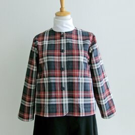 播州織＊裏起毛コットンのノーカラージャケット（チェック柄ツイル生地）