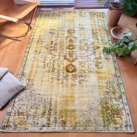 大判131×228レモンイエロー　メダリオン擦れシャビー　トルコヴィンテージラグ