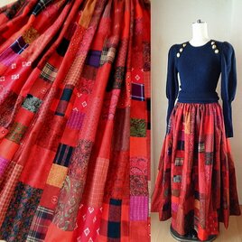 O様ご予約品 1点もの 絵画なパッチワーク♥DeepRed♥大人の上質チェック＆フラワー♥ギャザースカート