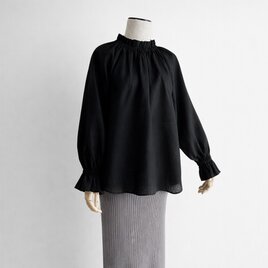 フリルカラー キャンディースリーブ 長袖プルオーバー ブラウス｜リネン100%_Black