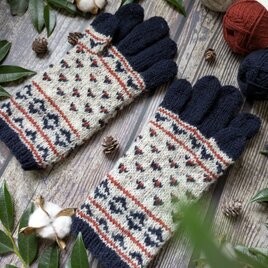 冬の休日〜紺と赤と白の模様編みの５本指手袋