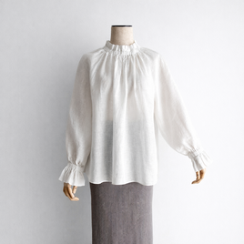 フリルカラー キャンディースリーブ 長袖プルオーバー ブラウス｜リネン100%_White