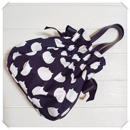 ねこたま帆布生地☆2wayにもなるふんわりリボン巾着バッグ