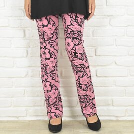 極上の穿き心地！ハイビスカス柄のストレートストレッチロングパンツ　ピンク　大きいサイズあり