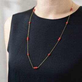 【14kgf ロングネックレス・65cm】赤珊瑚／ステーション(還暦祝いや母の日など／ハイネックにも)