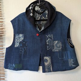 古布リメイク ミニフード　リバーシブルゆったり幅ベスト　藍染　襤褸　boro刺し子　古布　着物リメイク　時々堂オリジナル