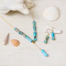 かぶるだけ【14kgf ロングネックレス・ピアス セット】ターコイズブルー（ 天然石  夏 海 カオリン ）