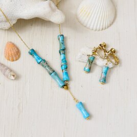 かぶるだけ【14kgf ロングネックレス・イヤリング セット】ターコイズブルー（ 天然石  夏 海 カオリン ）