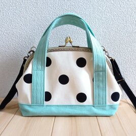トートバッグ風　がま口ショルダーバッグ　ポシェット　21cm口金　ドット　ミントグリーン帆布　628