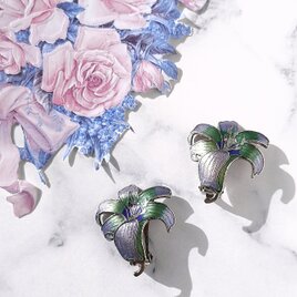 cloisonné purple blue green lily ヴィンテージイヤリング