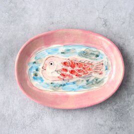 魚絵の手描きオーバルプレート