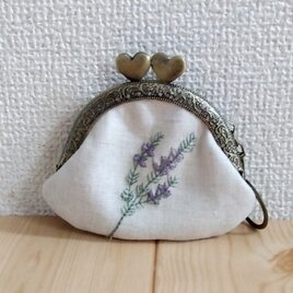 草花刺繍　がま口ミニポーチ　コインケース　キーホルダー　8.5cmハート口金　アクセサリーケース　亜麻色　575