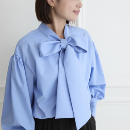 式典〜普段着も◎　前後2Way ふんわりボウタイ ブラウス シワになりにくい スカイブルー 0453BL