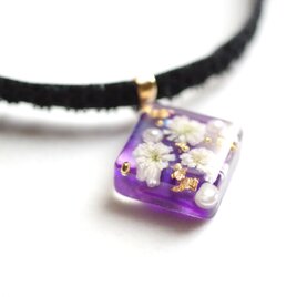 【受注製作】レジンアート　スクエアモチーフとタティングレースとベルベットリボンのチョーカー〈香りのヴェール〉