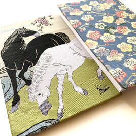 『梅樹下の馬』　北尾重政御朱印帳　美術名画御朱印帳　B6 大判サイズ　梅樹下の馬　北尾重政　馬　梅　梅柄　パステル色　桐生織物