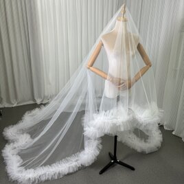 ロングベール ラッフルフリル オフホワイト ソフトチュール 抜群におしゃれ度が際立つ 結婚式 前撮り