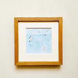 【一点物】原画「海風」 ※木製額縁入り（18㎝角）・水彩・イラスト・海・インテリアアート・送料無料