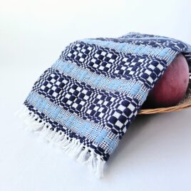 北欧手織り1点物：繊細で柔らかなコットンクロス(ダークネイビー×サックスブルー)