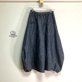 【厚手リネン】バルーンキュロット　ロング◆デニム調ネイビー◆（厚手15番手、リネン100％）◆S・M・Ⅼ・LL