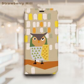 フクロウ　イラスト　ベルトなし 帯なし ベルトレス 手帳型 iPhone スマホ ケース カバー