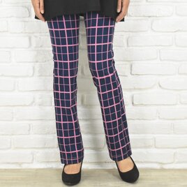 極上の穿き心地！ブロックチェック柄のストレートストレッチロングパンツ　ネイビー×ピンク　大きいサイズあり