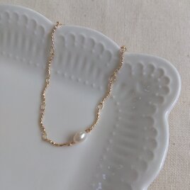 14kgf １粒淡水ポテトパールのフリルチェーンブレスレット