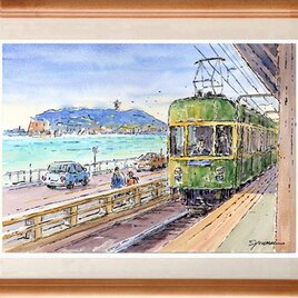 水彩画原画　江ノ電・鎌倉高校駅ホーム　＃705