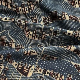 インド ブロックプリント生地 [50cm単位切売] アジュラック 街並み インディゴ 街 家 建物 SA IF0415