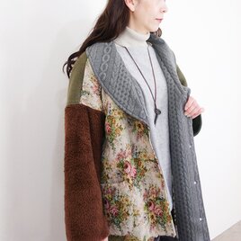 カーキウールとゴブラン織りのミックスショールカラーコート