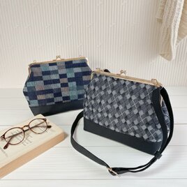 倉敷帆布　岡山デニム　がま口　ショルダーバッグ　　チェック　アーガイル　軽量　自立　幾何学模様