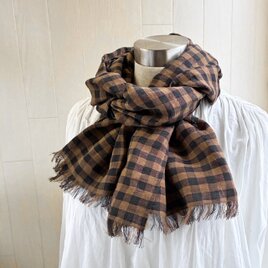 秋冬 150 短めイタリアンリネンのストール　ギンガムチェック　ブラウン×黒