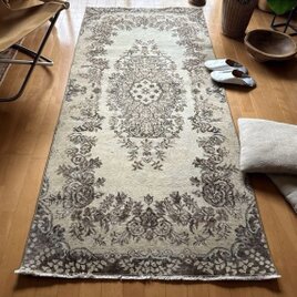 93×199 ベージュブラウン 花や実　メダリオン　トルコヴィンテージラグ