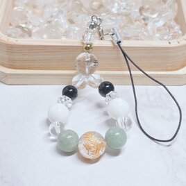 初詣・神社仏閣への参拝に◎ 水晶金龍・翡翠・モリオン 天然石ストラップ No.832S｜浄化・守護・邪気払い