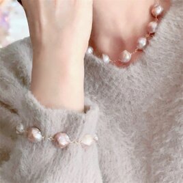 クリスマス価格 シュリンク大粒淡水パール ステーション チョーカーネックレス&ブレスレット ライトモーヴ ラベンダー