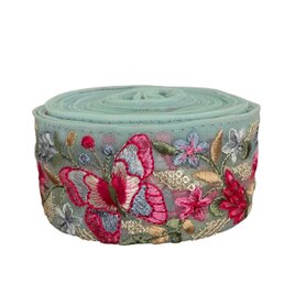 インド刺繍リボン50cm切り売り 蝶々とお花 チュール ブルー地 5.0cm幅 花 バタフライちょう HC R-0827