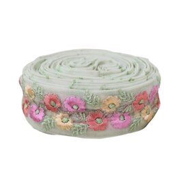 インド刺繍リボン50cm切り売り フラワー チュール グリーン地 4.5cm幅 花 HC　R-0824