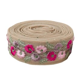 インド刺繍リボン50cm切り売り フラワー チュール ピンク地 4.5cm幅 花 HC　R-0825